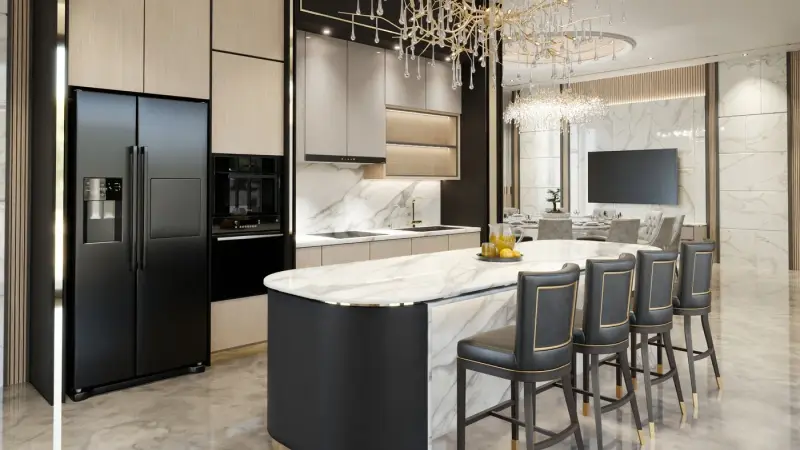 Remodelled kitchen with marble island, custom cabinetry and statement lighting